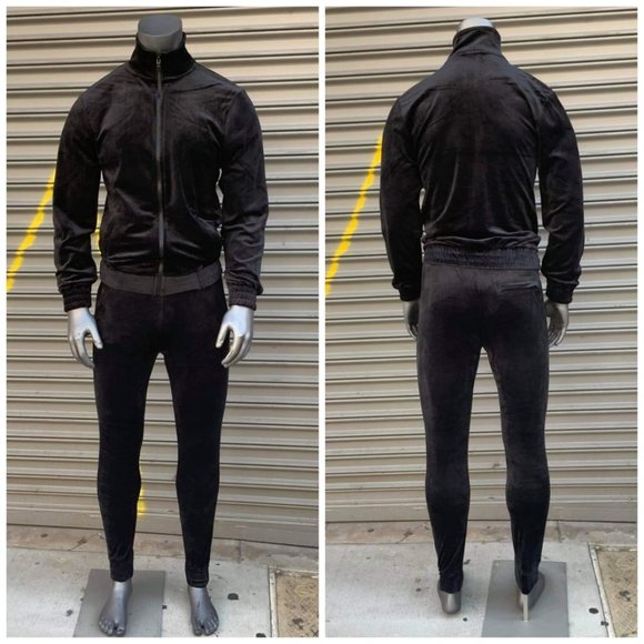 Men´s Black Fitted Fashion Velour Full Zip Tracksuit